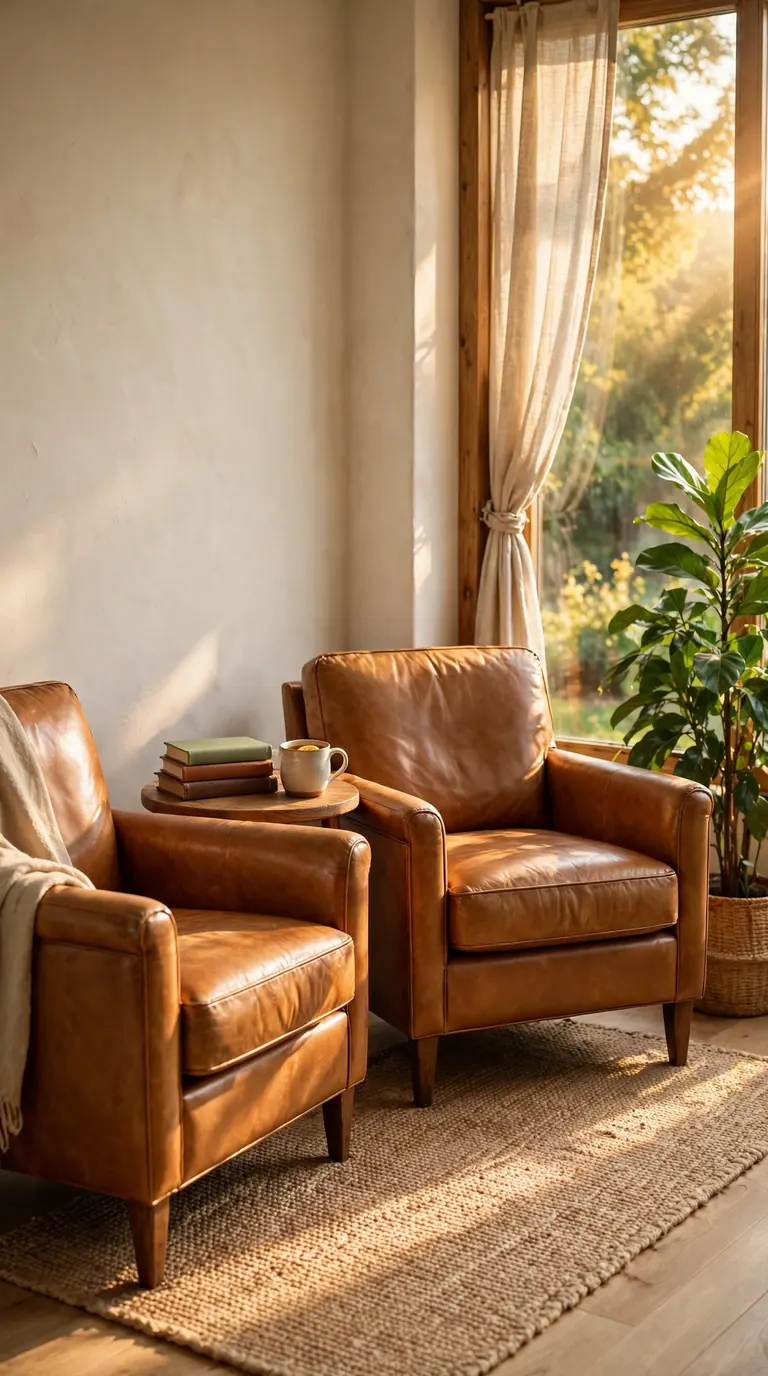 Caramel leather armchairs in a sunlit living room corner beside a window