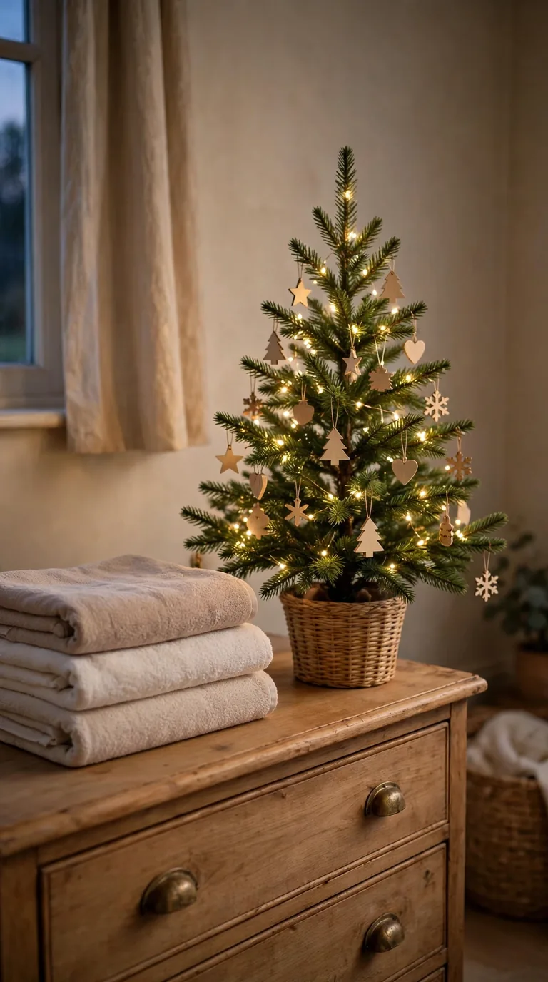 Small lit tabletop Christmas tree on a guest bedroom dresser