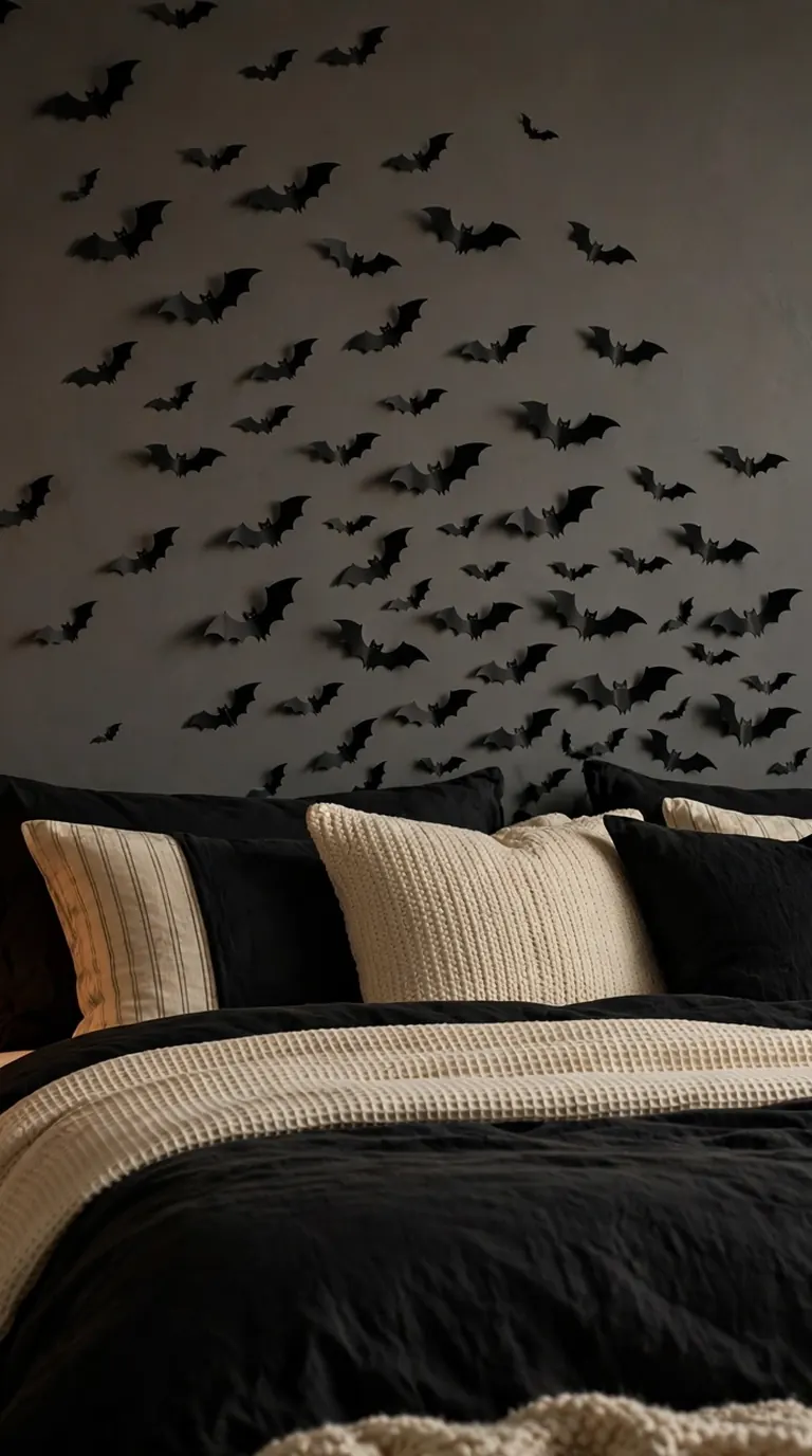Black bat wall decals swarming above a bed in a spooky Halloween bedroom