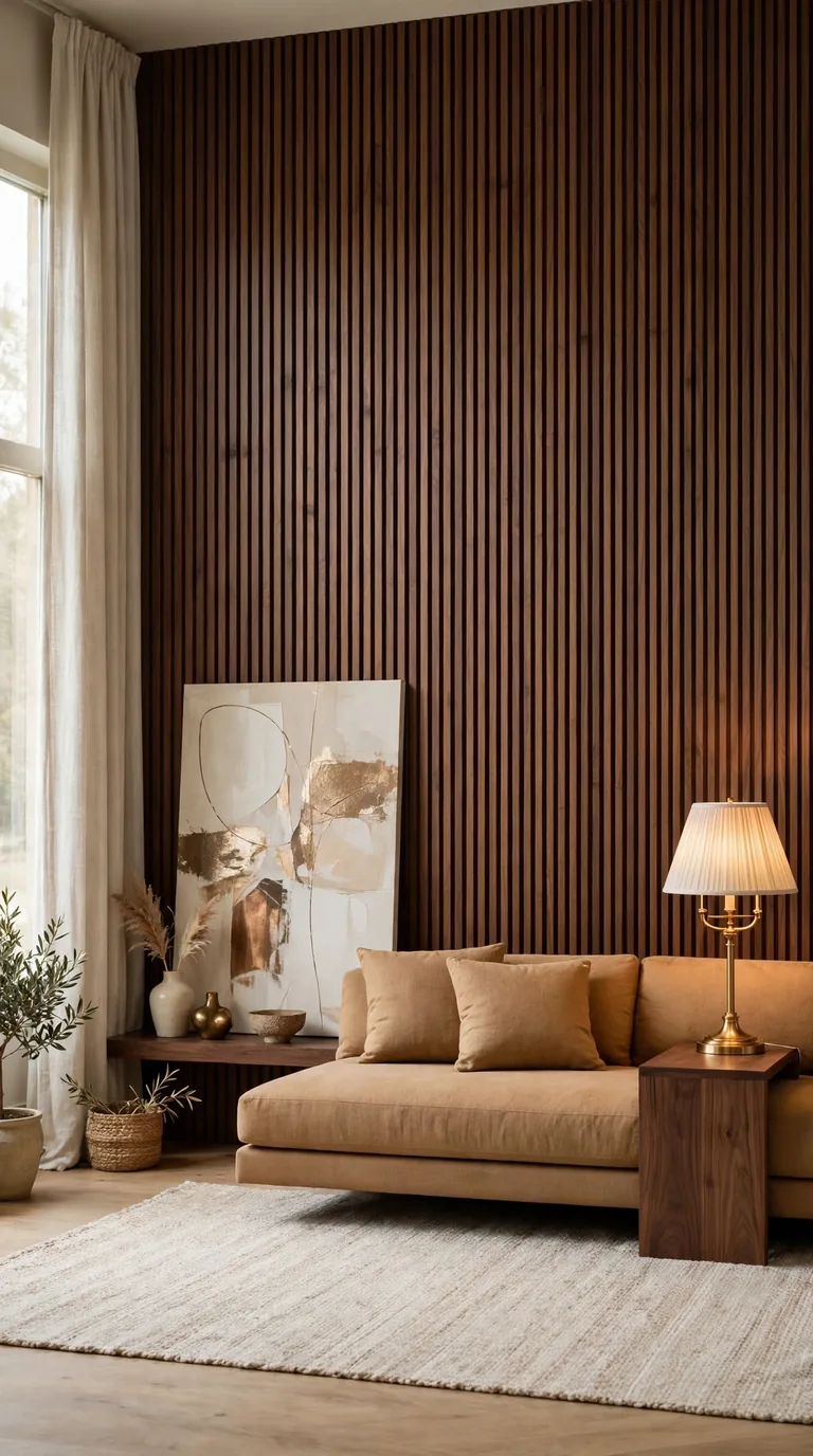 Walnut wood panelled accent wall in an elegant brown living room