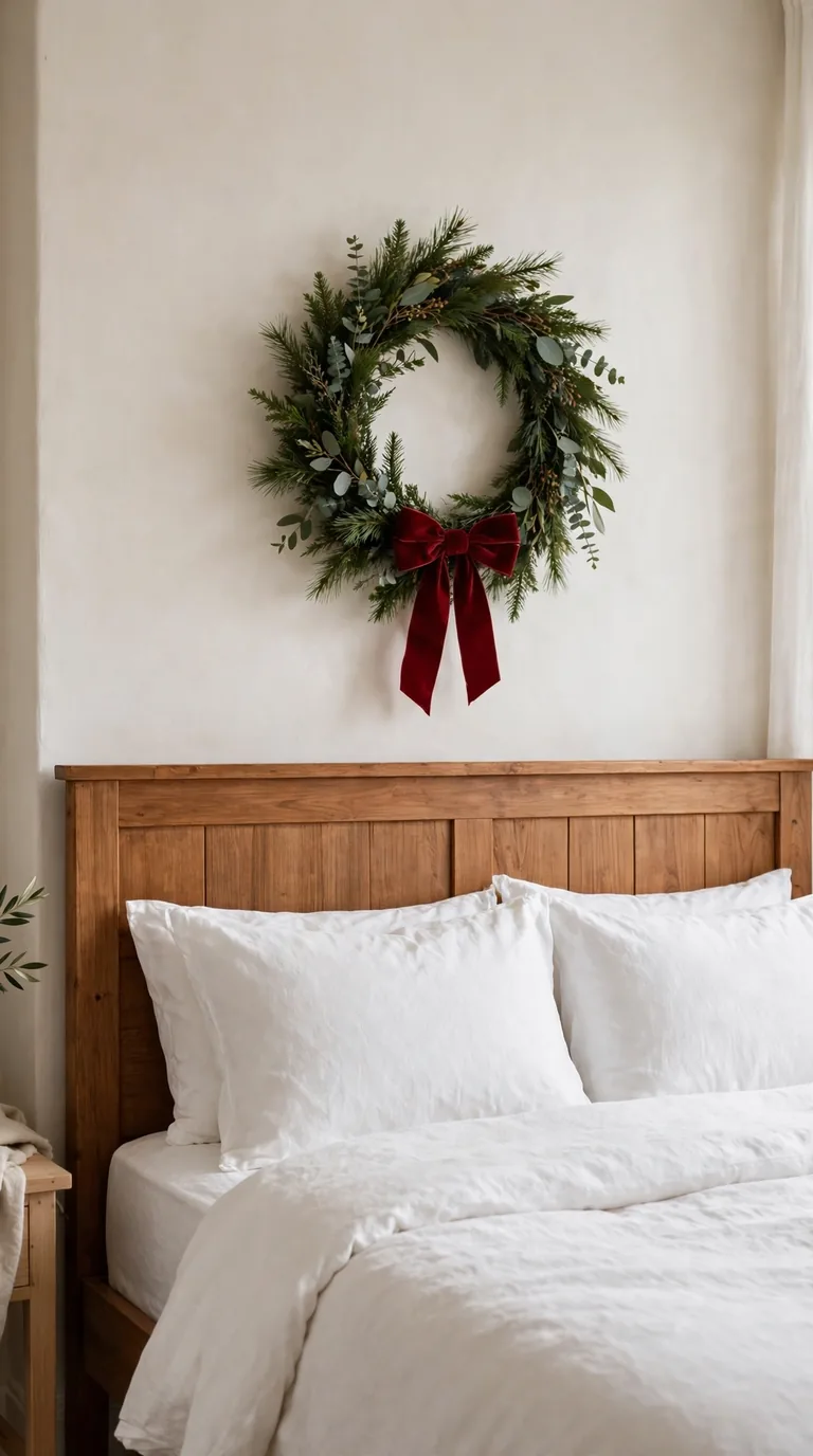 Evergreen wreath with red velvet bow above a guest bed headboard
