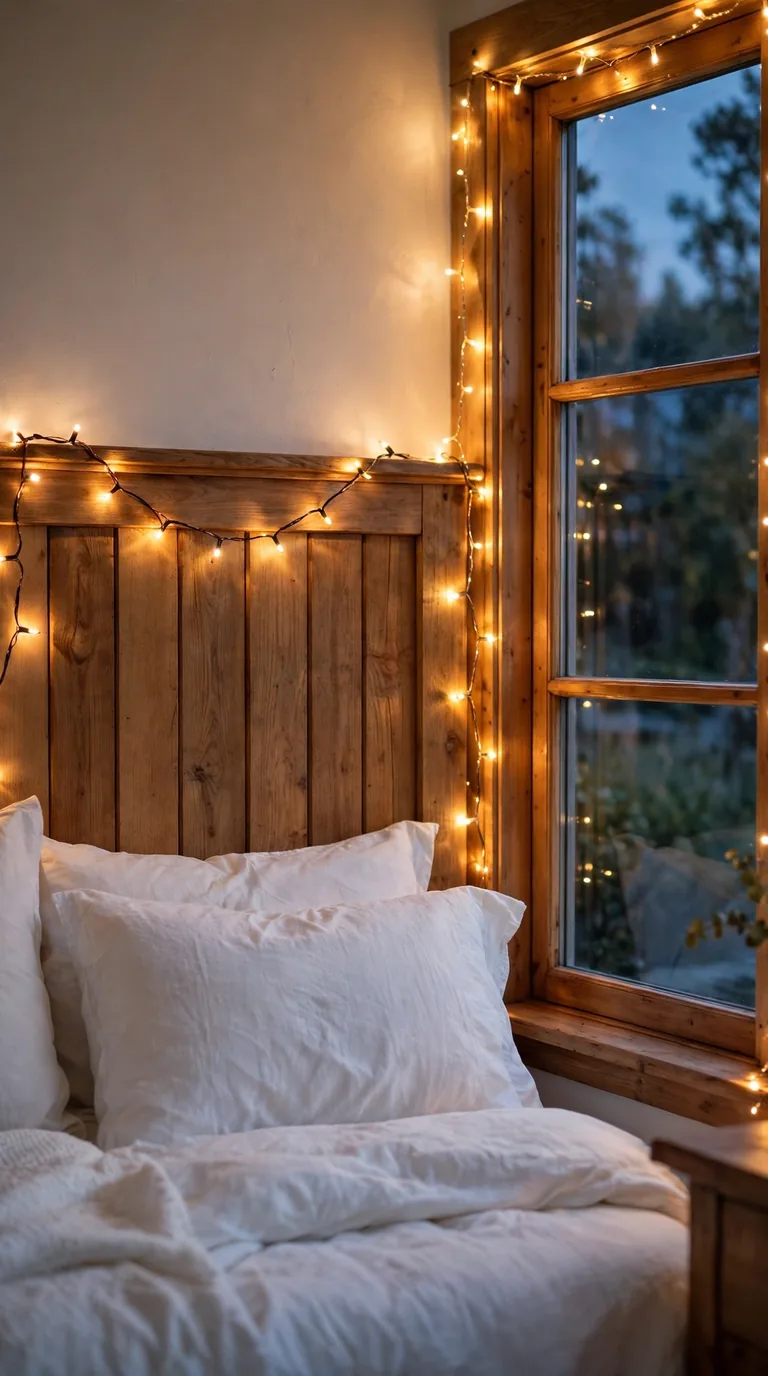 Warm fairy lights draped along a guest bed headboard and window