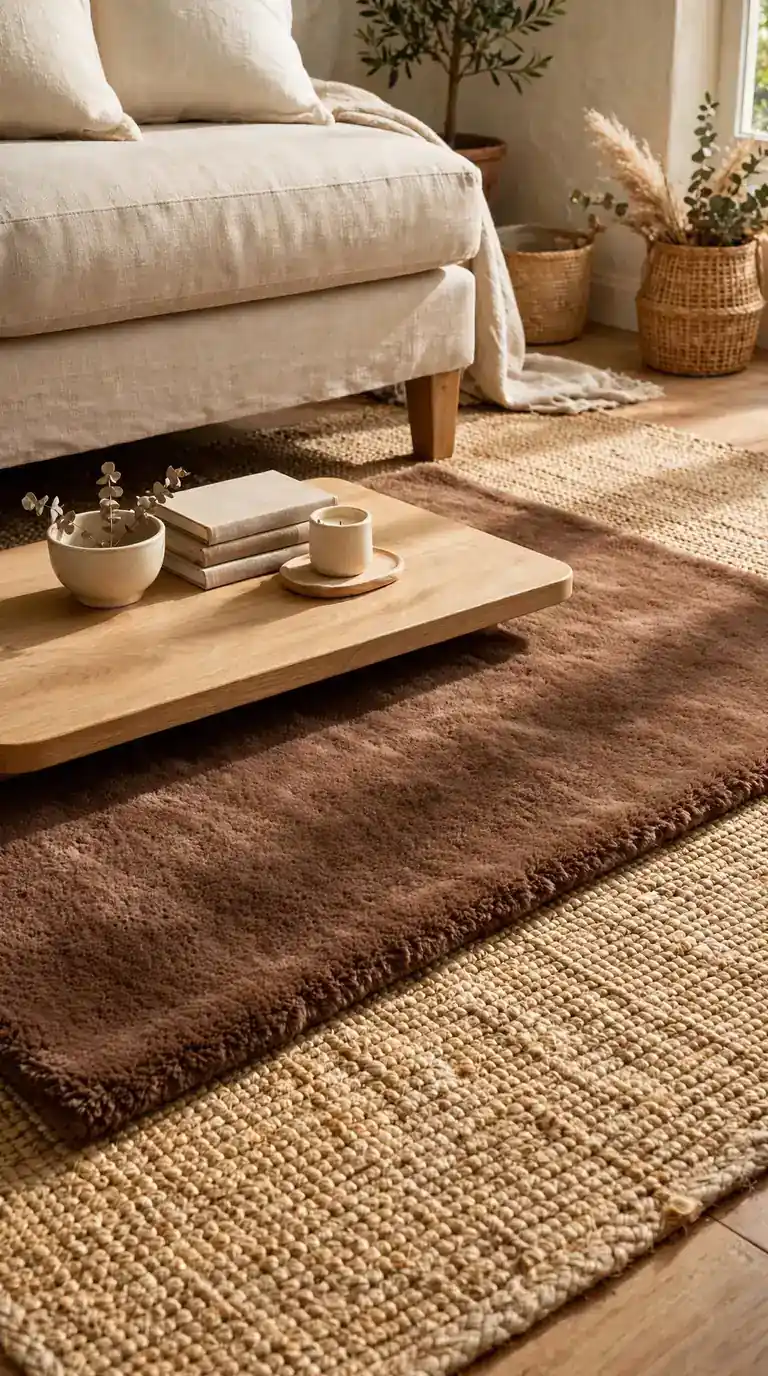Layered cocoa and cream rugs on pale oak living room floor