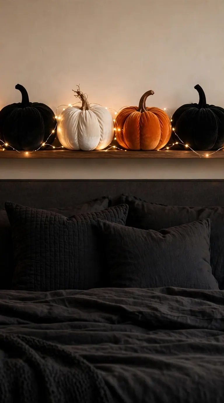 Velvet pumpkins in orange, black and cream styled along a bedroom headboard