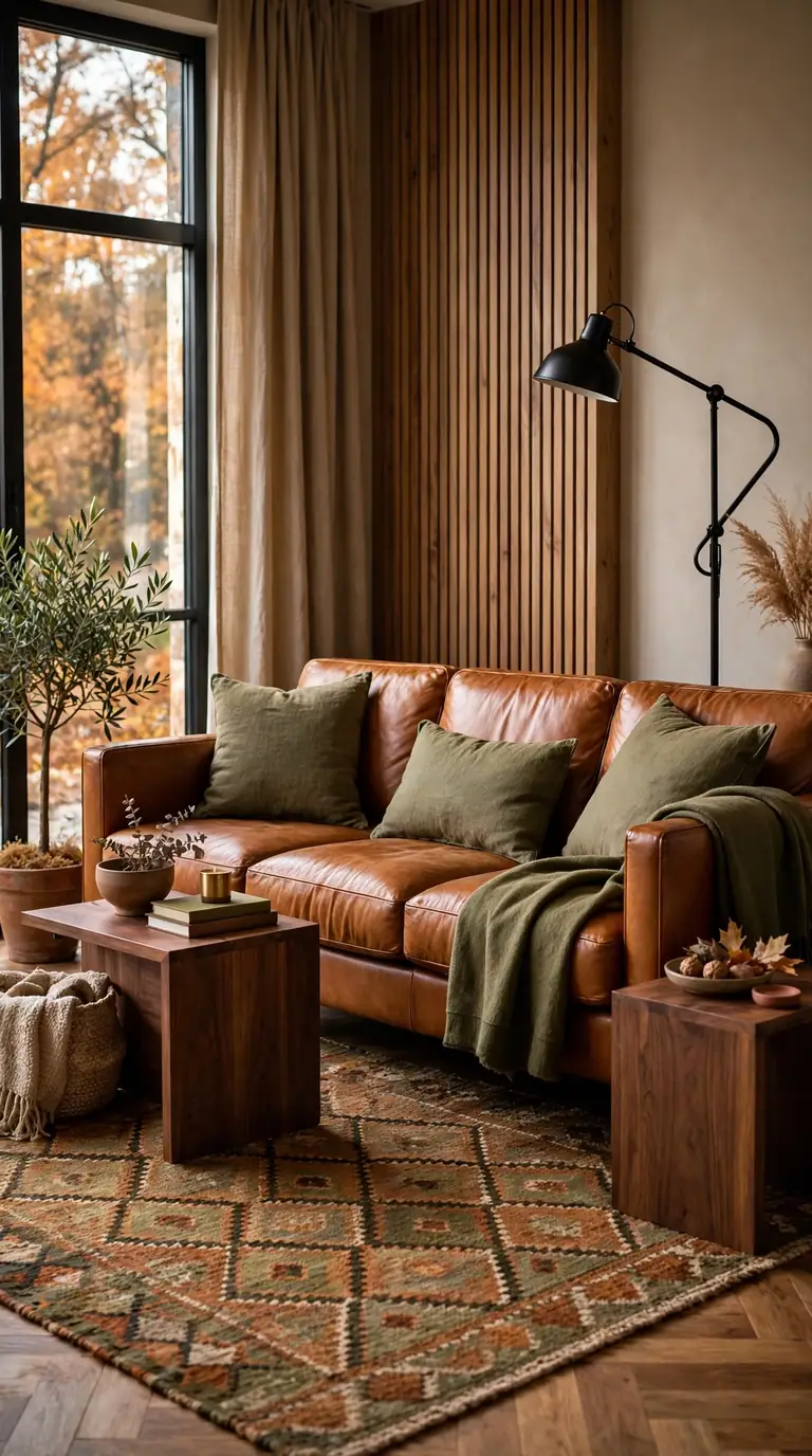 Cognac leather sofa with olive green cushions and throws in a stylish living room