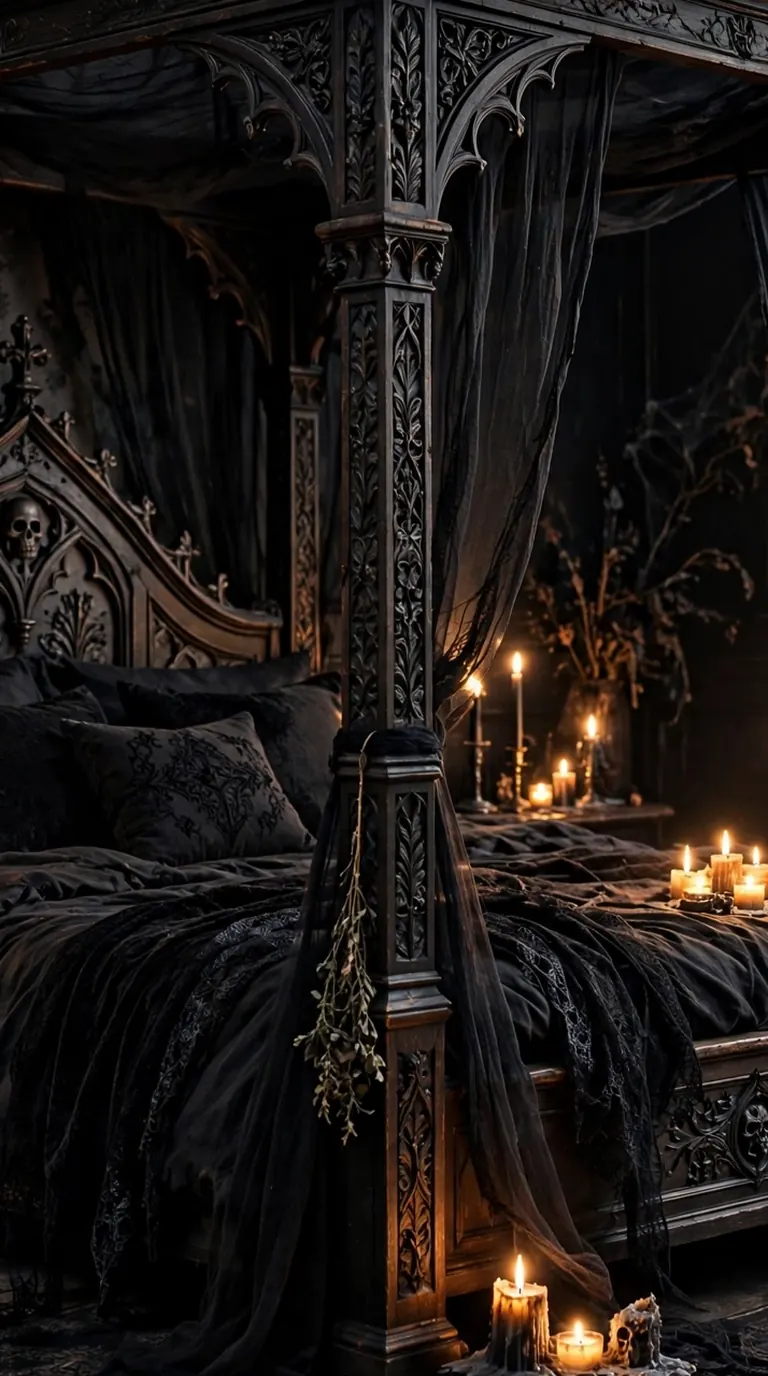 Gothic canopy bed with sheer black drapes in a Halloween bedroom