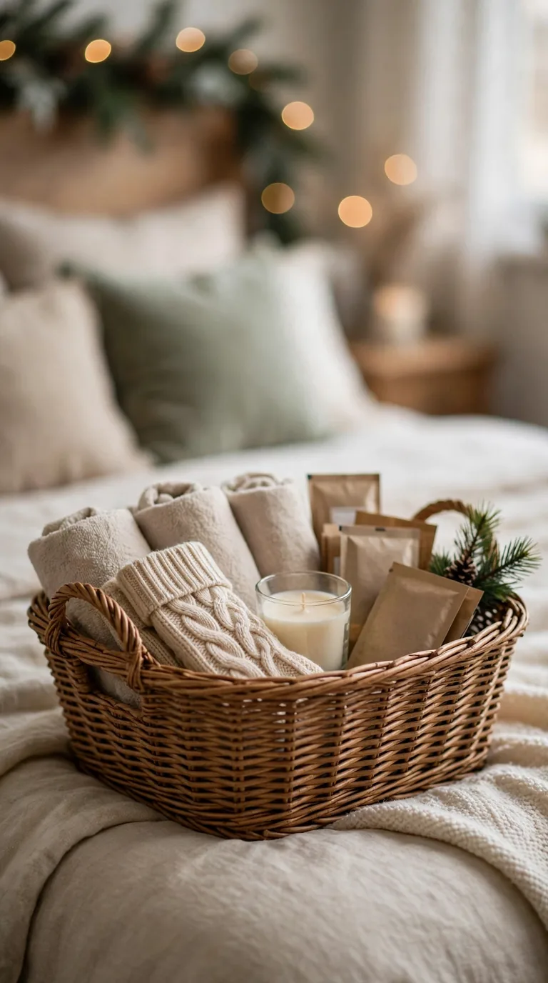 Welcome basket with towels, socks, cocoa and pine sprig on a guest bed