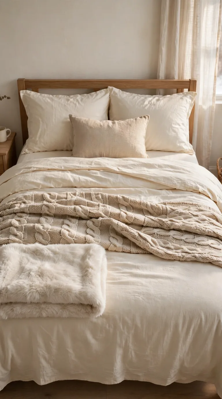 Guest bed layered with flannel sheets and chunky knit throw