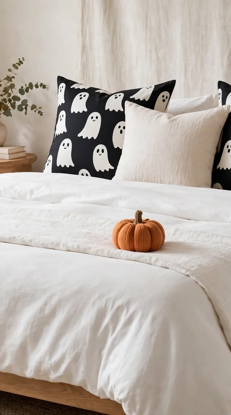 White Halloween bedroom with ghost-print throw pillows and a knit pumpkin