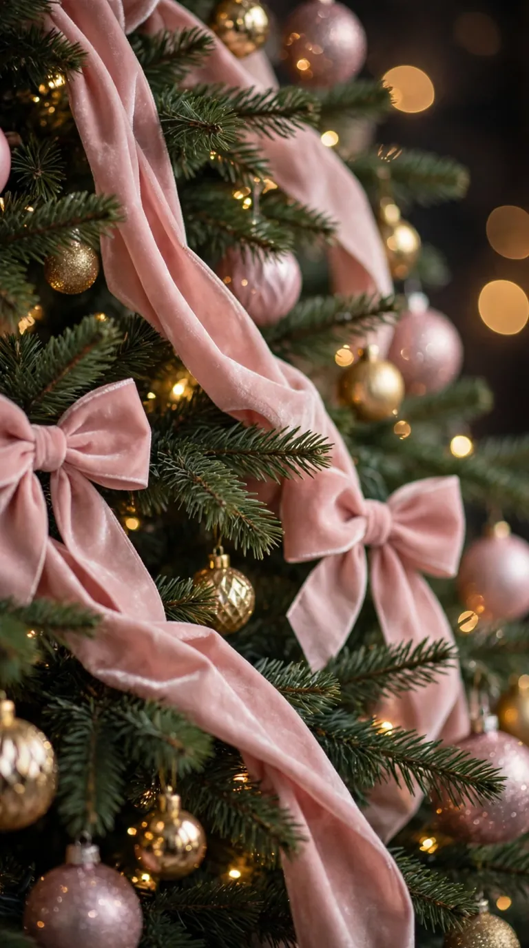 16 Pink Christmas Decor Ideas for a Pretty Holiday Christmas tree with cascading blush pink velvet ribbon woven through the branches