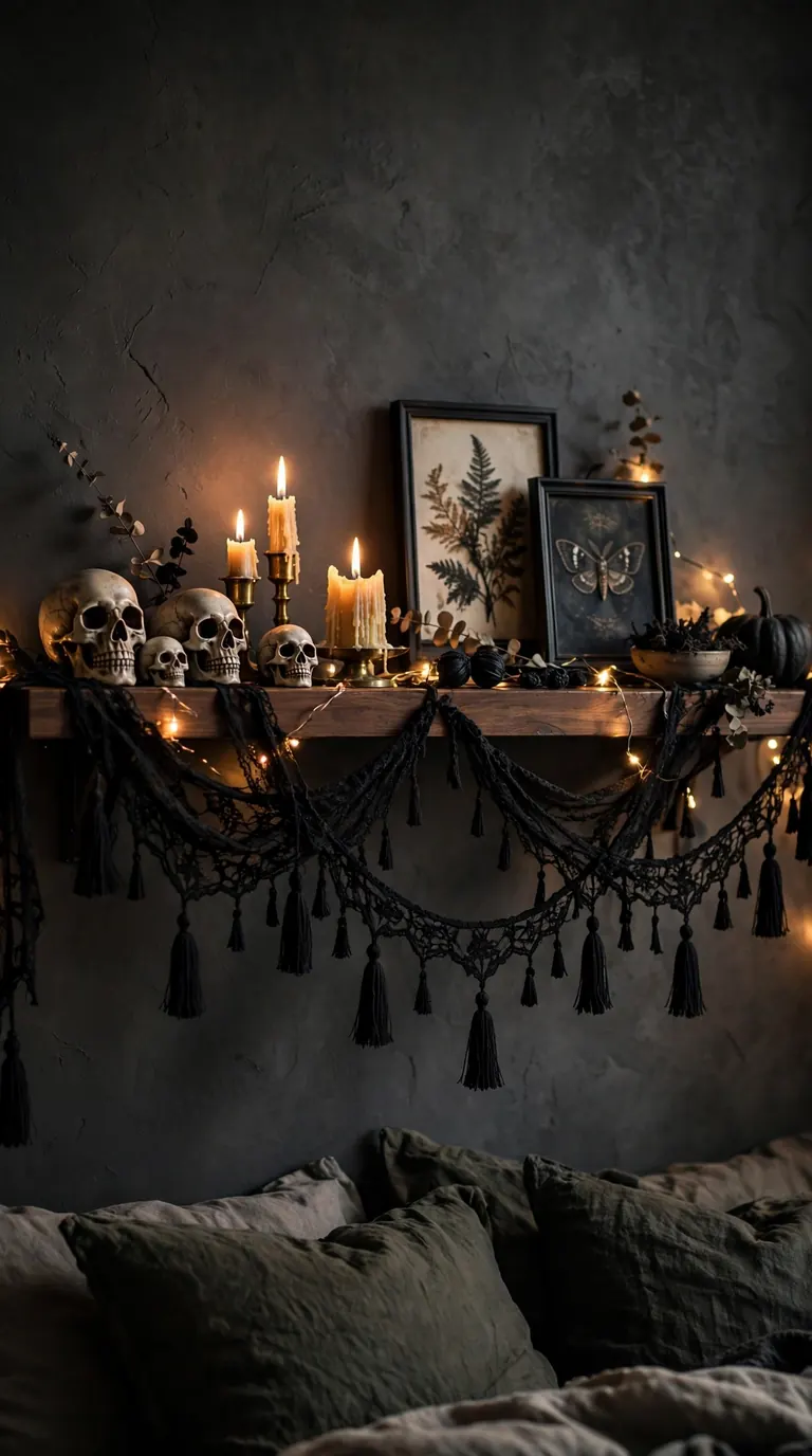 Black lace garland with skulls and candles styled on a Halloween bedroom shelf