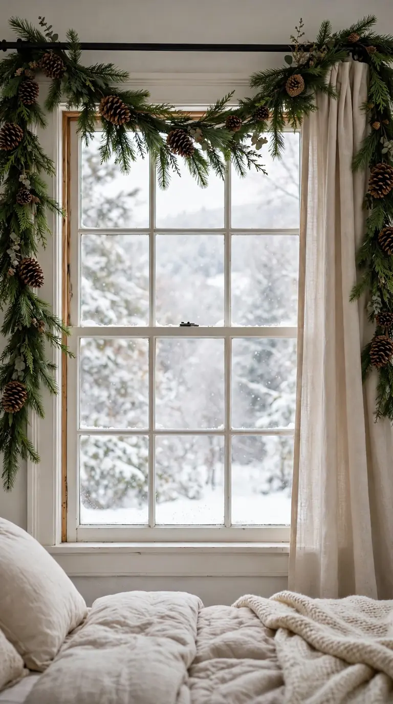 Evergreen garland with pinecones draped around a guest bedroom window