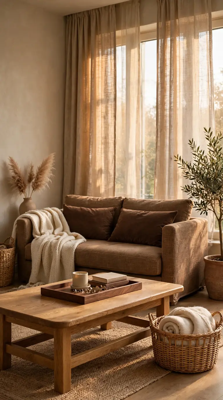 Tonal brown and beige living room with linen curtains and layered neutrals