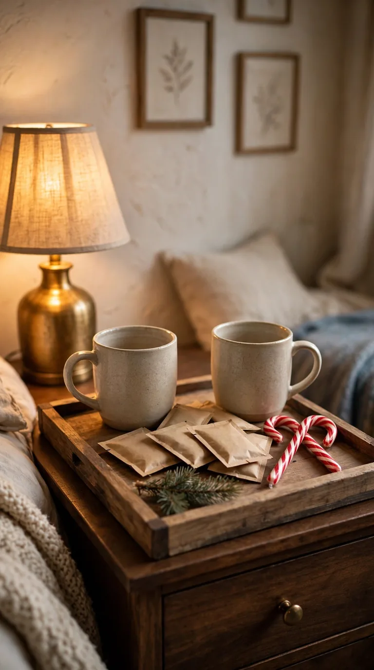Nightstand tray with cocoa mugs, candy canes and pine sprig