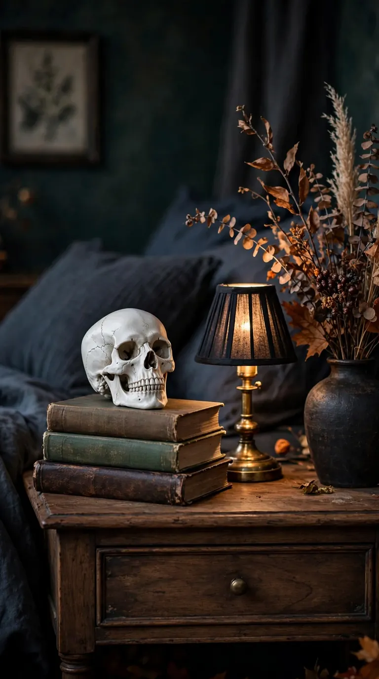 Stack of old books topped with a decorative skull on a Halloween nightstand
