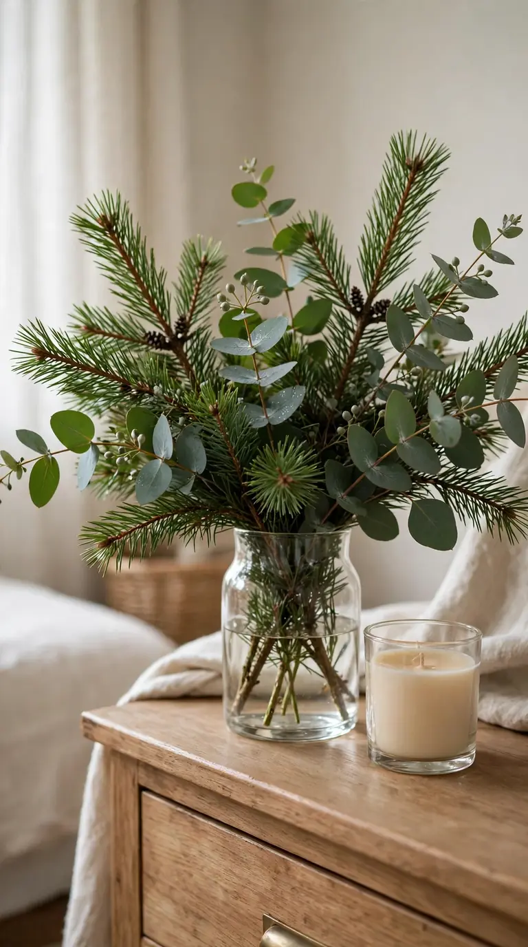 Fresh pine branches in a vase on a guest bedroom dresser