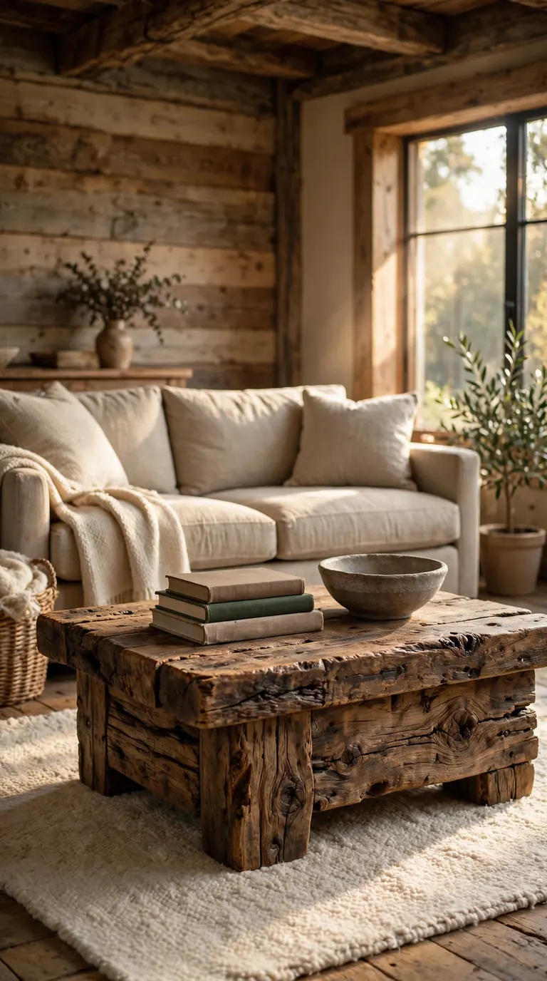 Reclaimed timber coffee table as a rustic centrepiece in a brown living room