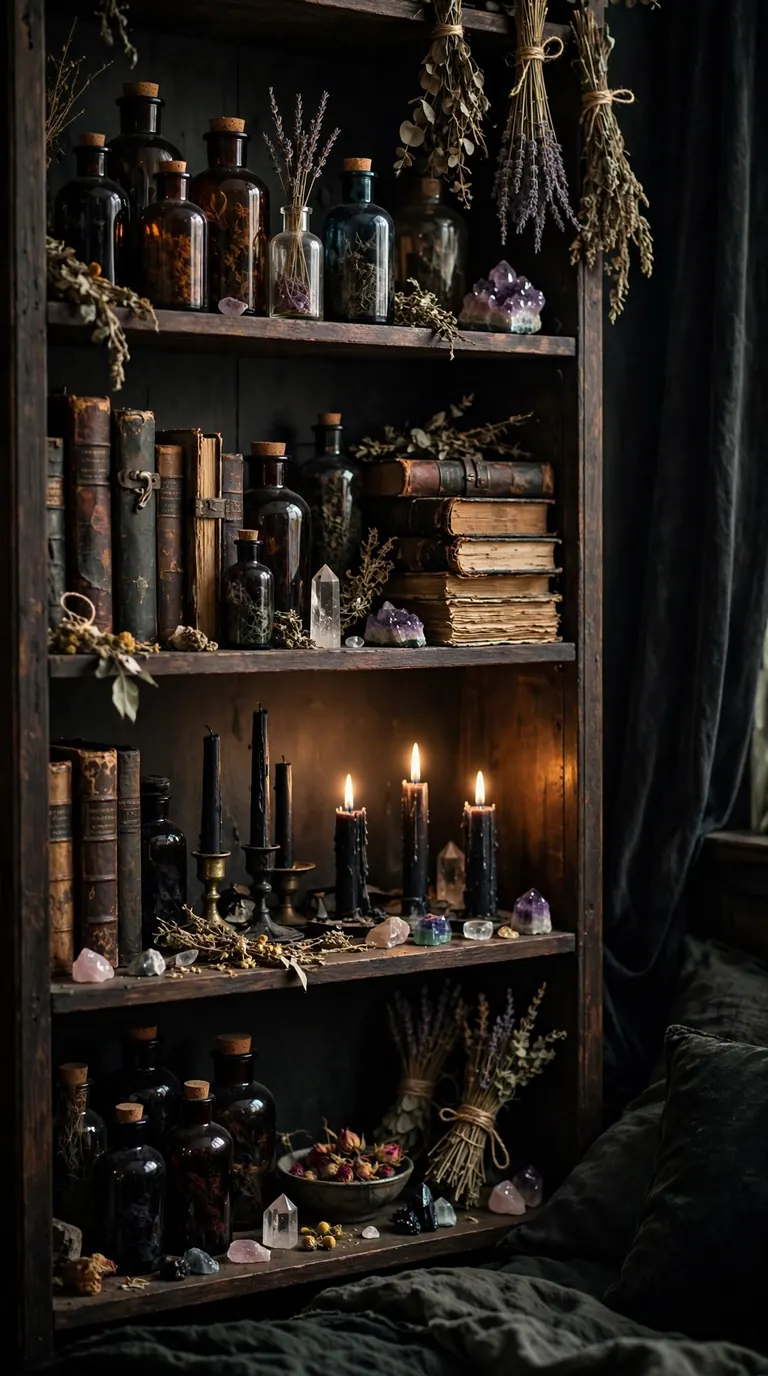 Witchy Halloween bookshelf with apothecary bottles, spell books and black candles