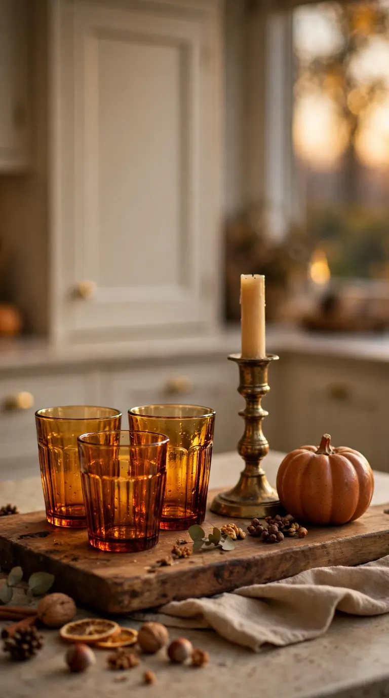 Amber glass tumblers, brass candlestick and small ceramic pumpkin grouped on a wooden board