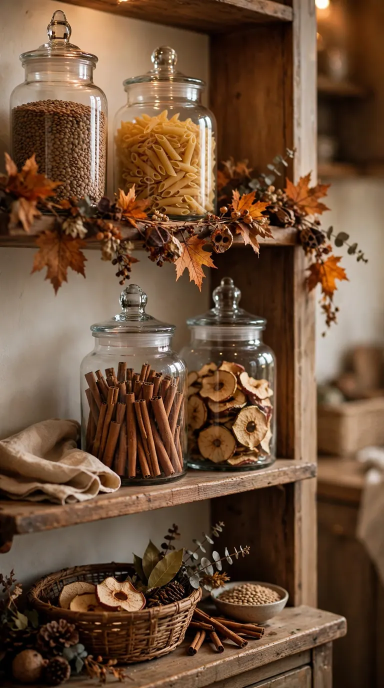 Glass apothecary jars filled with lentils, pasta, cinnamon sticks and dried apple slices on wooden kitchen shelves
