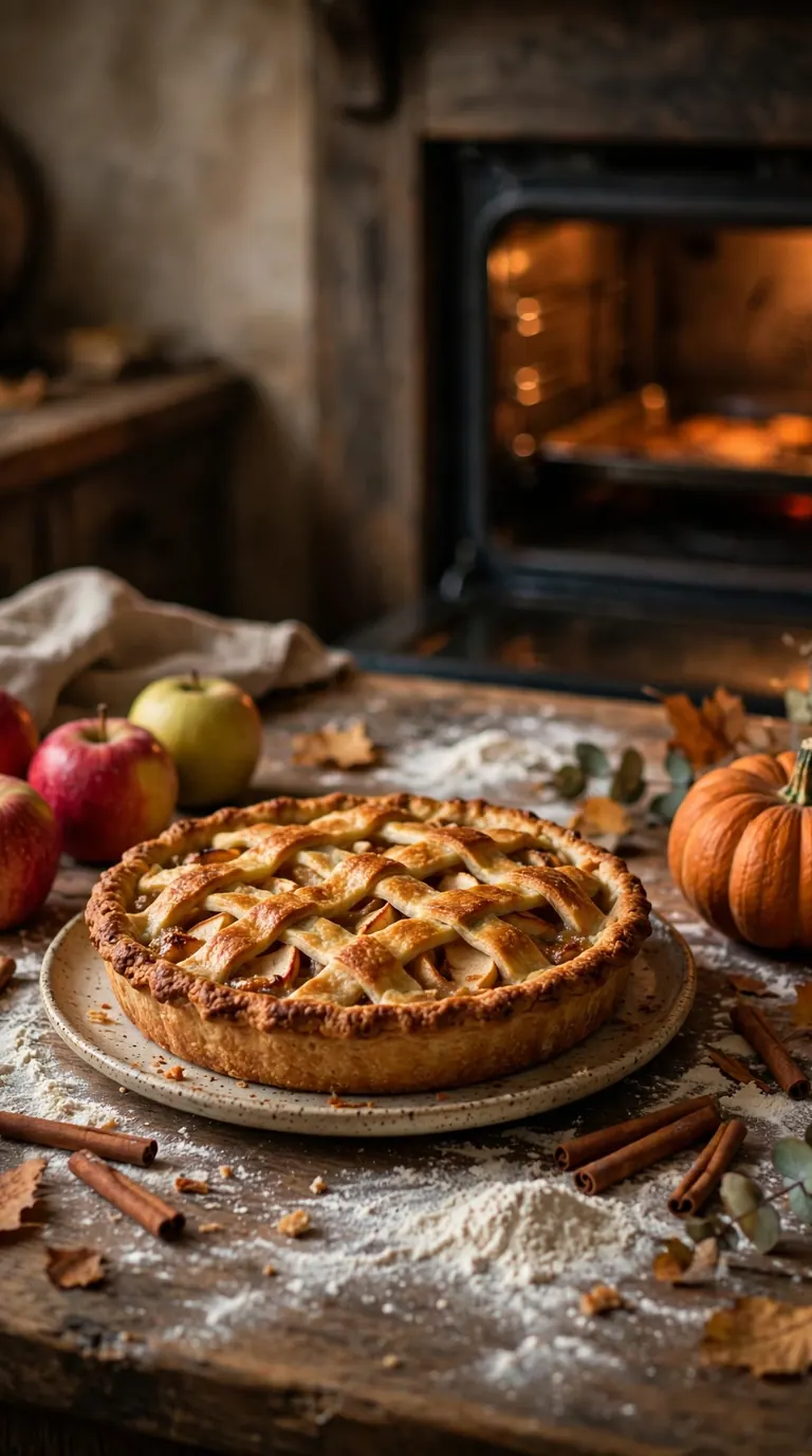 Freshly baked apple pie on a ceramic plate with scattered flour, cinnamon sticks and apples on a kitchen counter