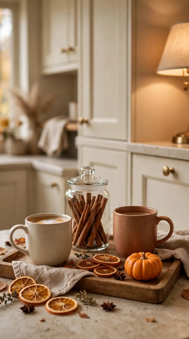 Wooden tray with ceramic mugs, glass jar of cinnamon sticks, small pumpkin and dried orange slices