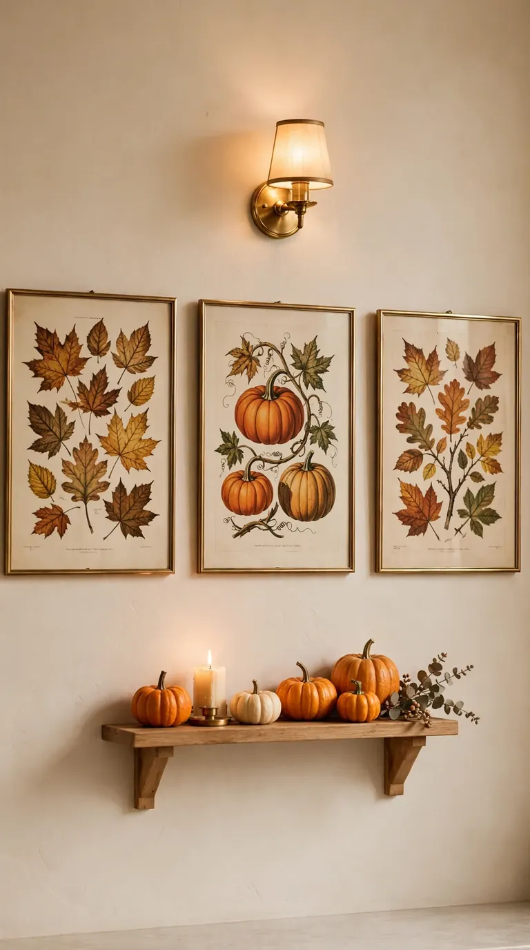 Framed vintage botanical prints of autumn leaves and pumpkins on a kitchen wall with small shelf below