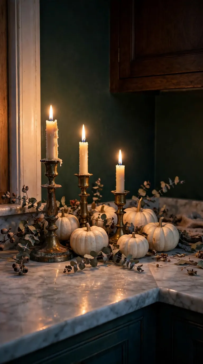 Cluster of vintage brass candlesticks with lit ivory candles, white pumpkins and eucalyptus on a marble counter