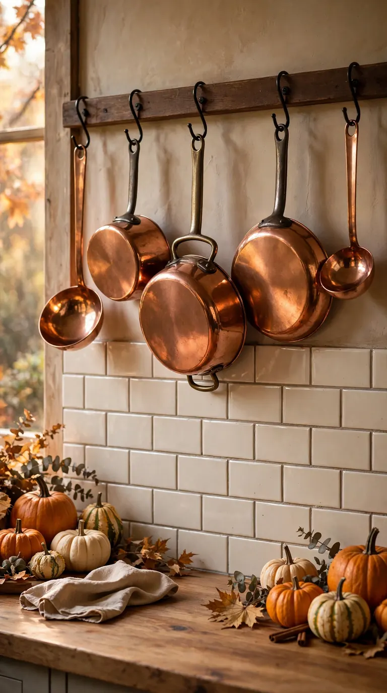 Polished copper pots and ladles hanging on a wall rail above a kitchen counter
