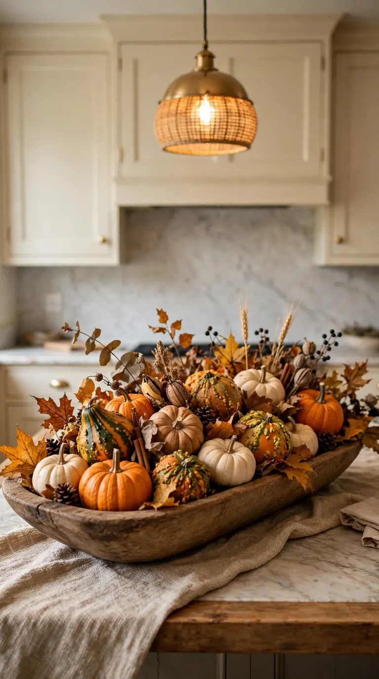 Long wooden dough bowl filled with autumn gourds and dried leaves on a kitchen island