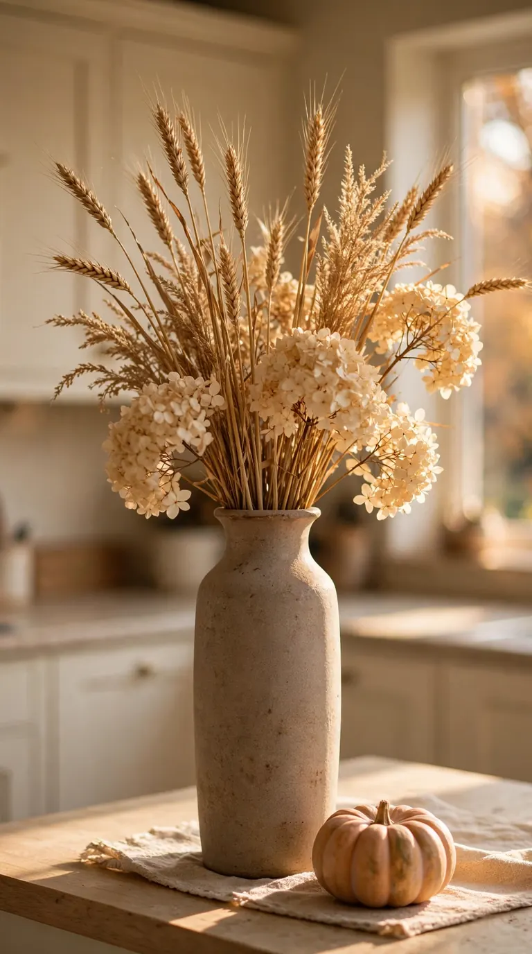 Tall stoneware vase with dried wheat, cream hydrangeas and eucalyptus on a kitchen counter