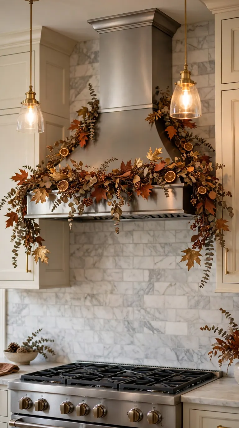 Dried eucalyptus and autumn leaf garland draped across a kitchen range hood