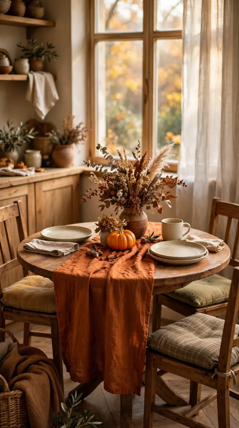 Kitchen breakfast nook with burnt orange runner, ceramic plates, pumpkin place settings and dried flower vase