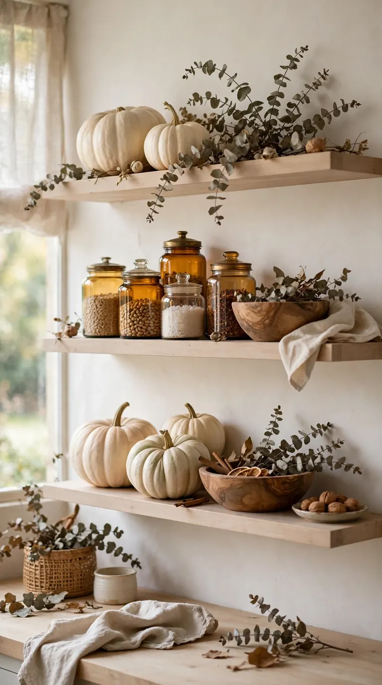 Open kitchen shelves styled with white and cream heirloom pumpkins, amber glass jars and wooden bowls