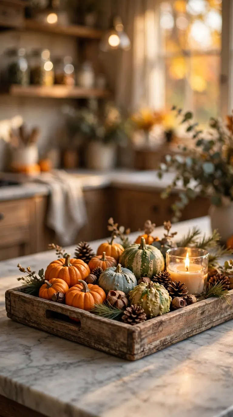 Wooden tray on a marble kitchen island filled with mini pumpkins, pinecones and a lit amber candle