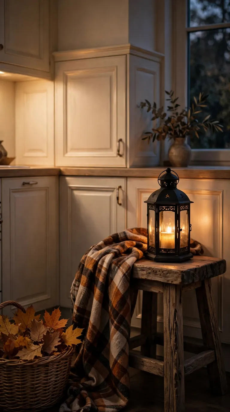 Black metal lantern glowing on a wooden stool with plaid throw and basket of autumn leaves in a kitchen corner