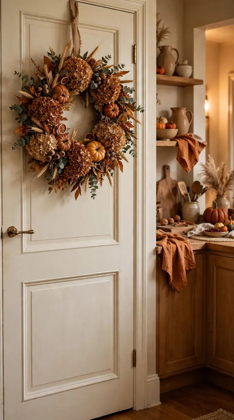 Full autumn wreath of dried hydrangeas, wheat and mini pumpkins hanging on a cream pantry door