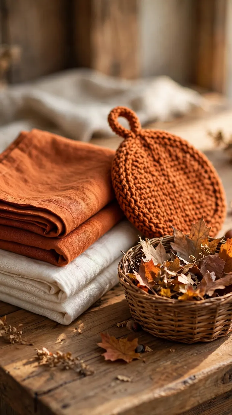 Folded rust and cream linen tea towels, knitted pot holder and woven basket on a wooden countertop