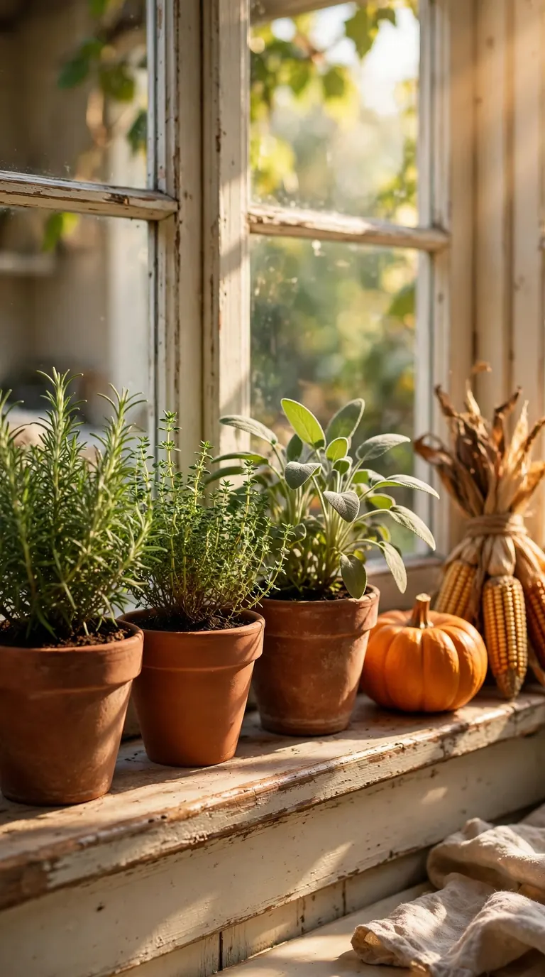 Row of terracotta pots with rosemary, thyme and sage on a sunny kitchen windowsill