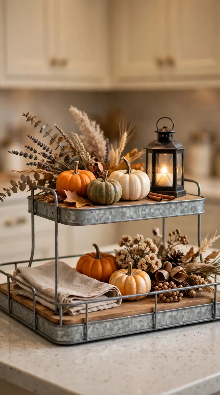 Two-tier metal and wood tray styled with mini pumpkins, dried flowers, small lantern and linen napkin