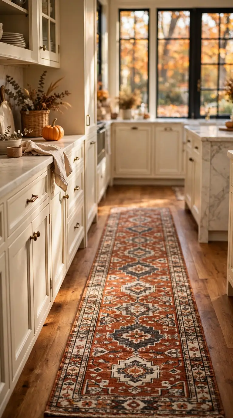 Patterned rust and cream runner rug running along a kitchen aisle with wooden floor