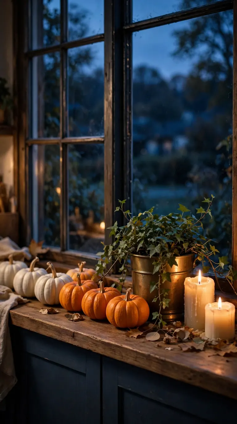 Kitchen windowsill with small pumpkins, glowing pillar candles and a brass potted plant at dusk
