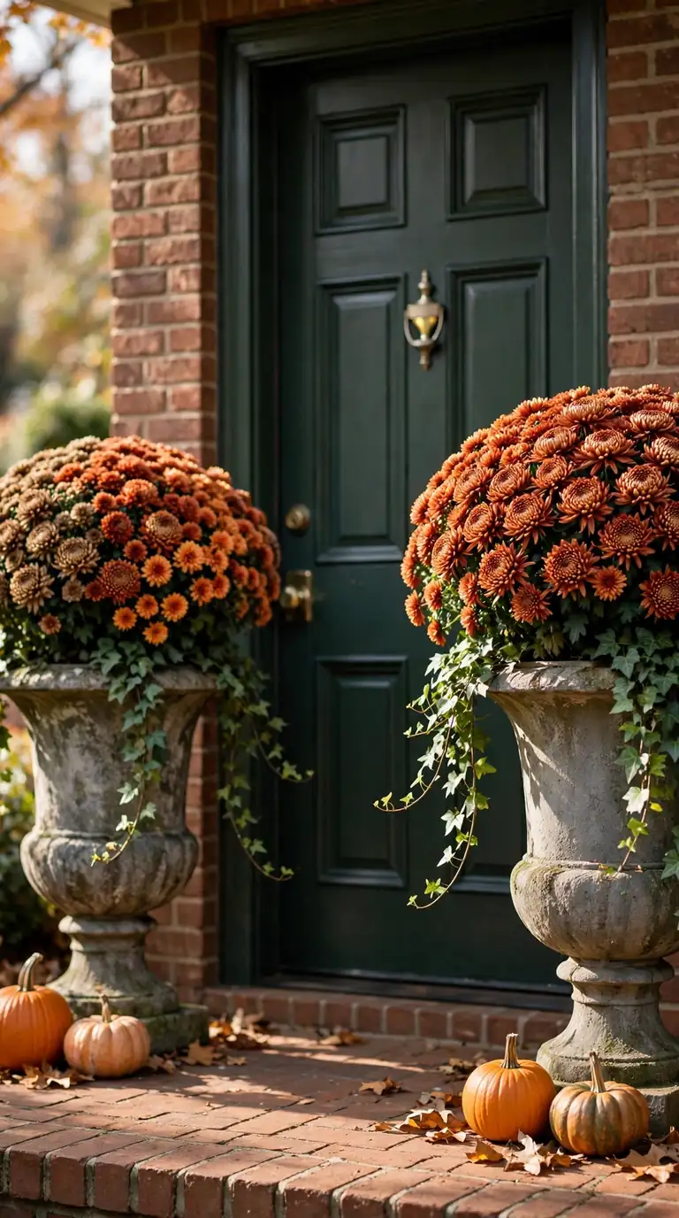 Pair of stone urns with bronze chrysanthemums flanking a front door