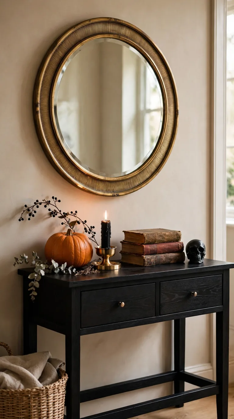 Black console table styled with Halloween entryway decor, pumpkins and candles