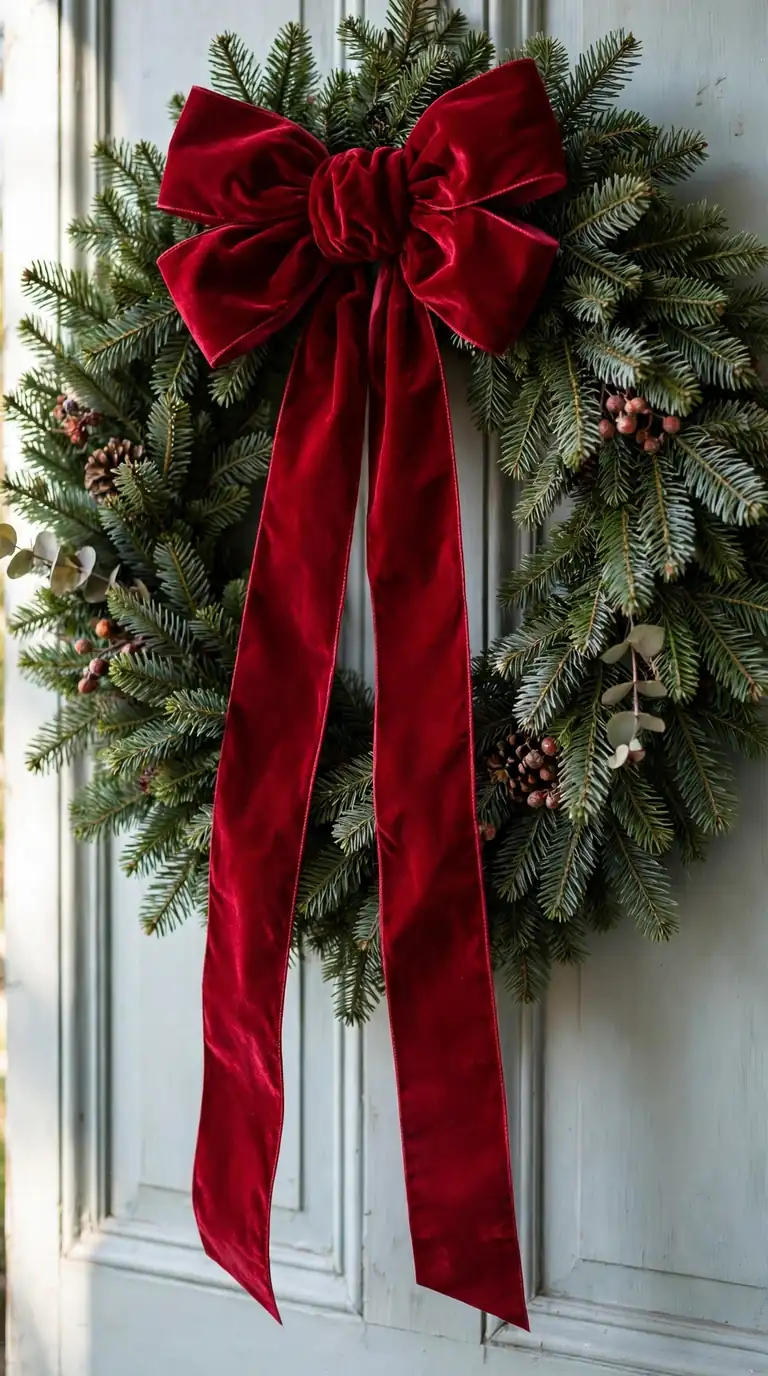 17 Christmas Front Door Decor Ideas That Welcome Guests Warmly Classic evergreen Christmas wreath with deep red velvet bow on front door