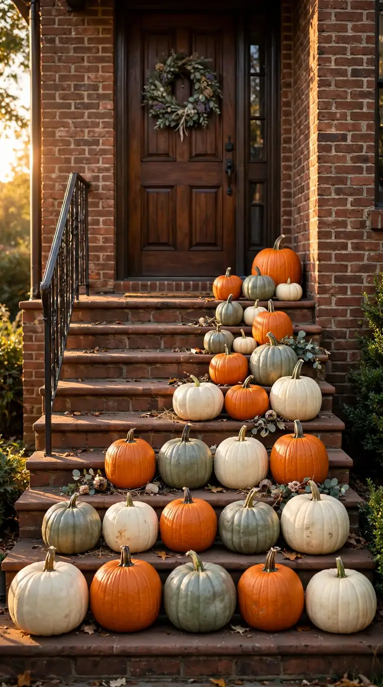 thanksgiving porch decor with pumpkins in cream orange and green arranged on porch steps