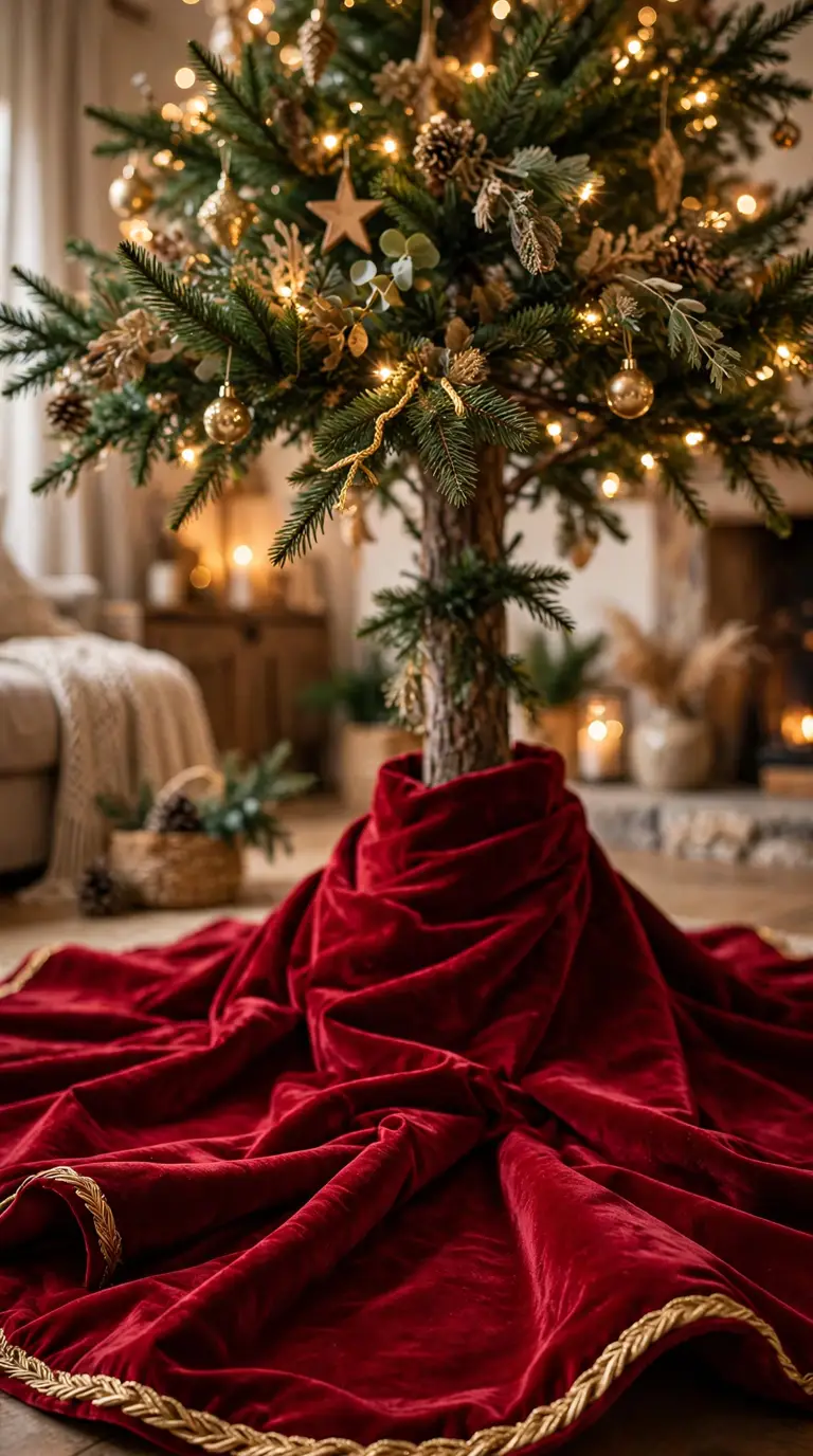 Deep red velvet Christmas tree skirt with gold braid trim folded softly around the base of a decorated tree in a warm living room