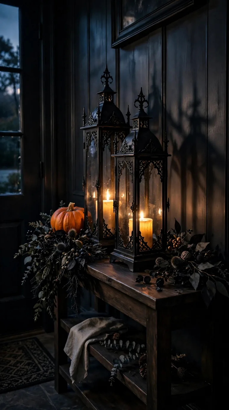 Gothic black lanterns with candles lighting a Halloween foyer