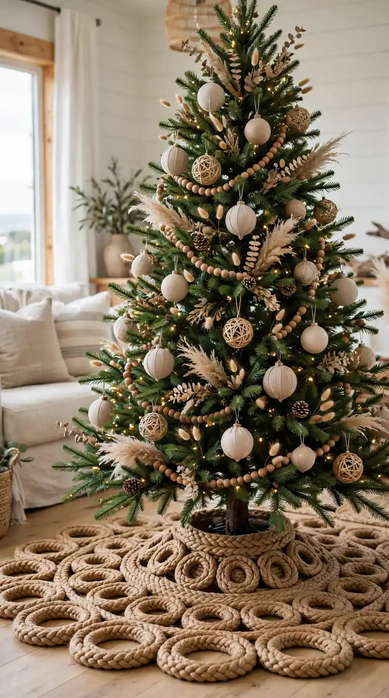 Natural braided jute Christmas tree skirt in warm tan fibers with rope texture around a tree with neutral beige ornaments