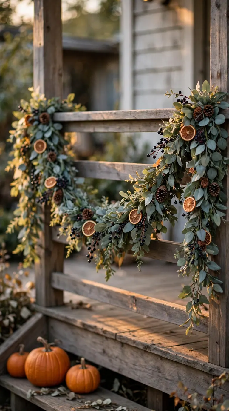 thanksgiving front porch railing draped with eucalyptus and berry garland